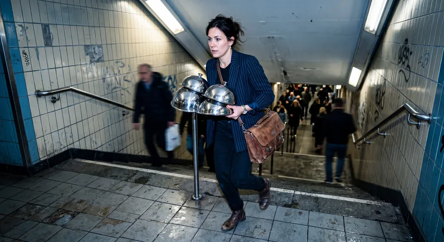 Woman rushing through Stockholm subway with catering domes