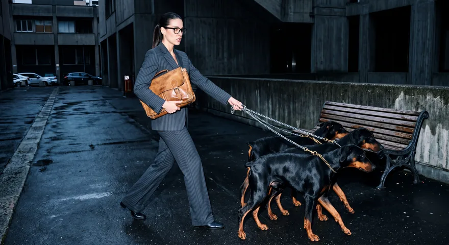 Dog walker with Dobermans on chrome leashes