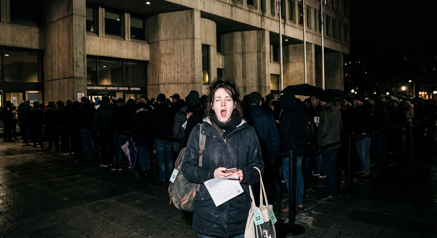 Person queuing outside a government building
