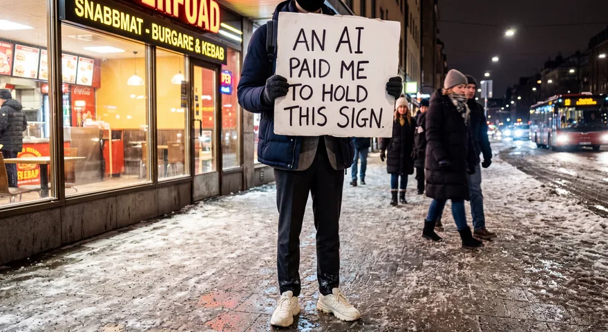Man holding a sign on a city street in Oslo